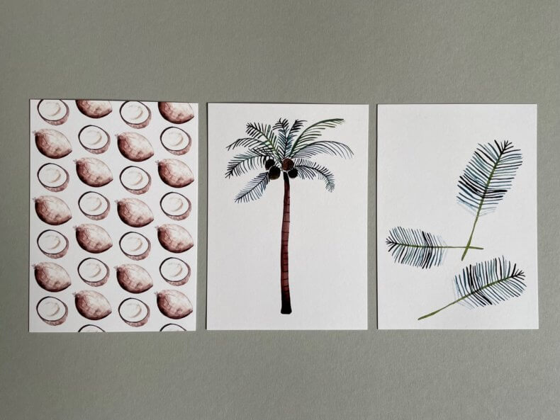 Postkarten-Set-Kokosnüsse-Palme-Palmenblätter-Vorderseite