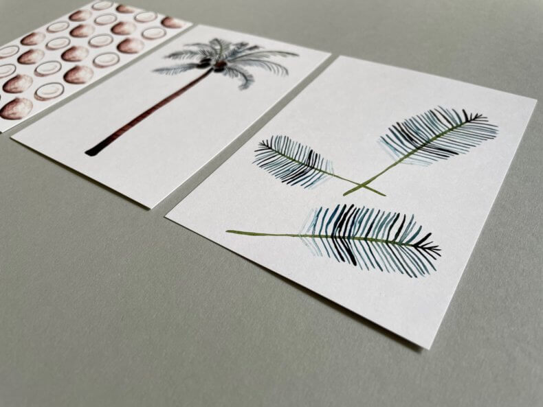 Postkarten-Set-Kokosnüsse-Palme-Palmenblätter-Vorderseite-schräg2